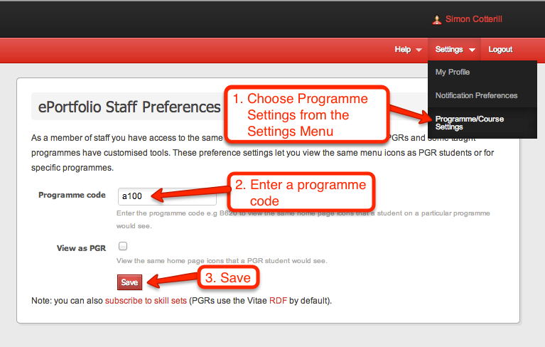 Screenshot: staff preferences. Select - Settings - Staff Preferences - and then enter a programme code.